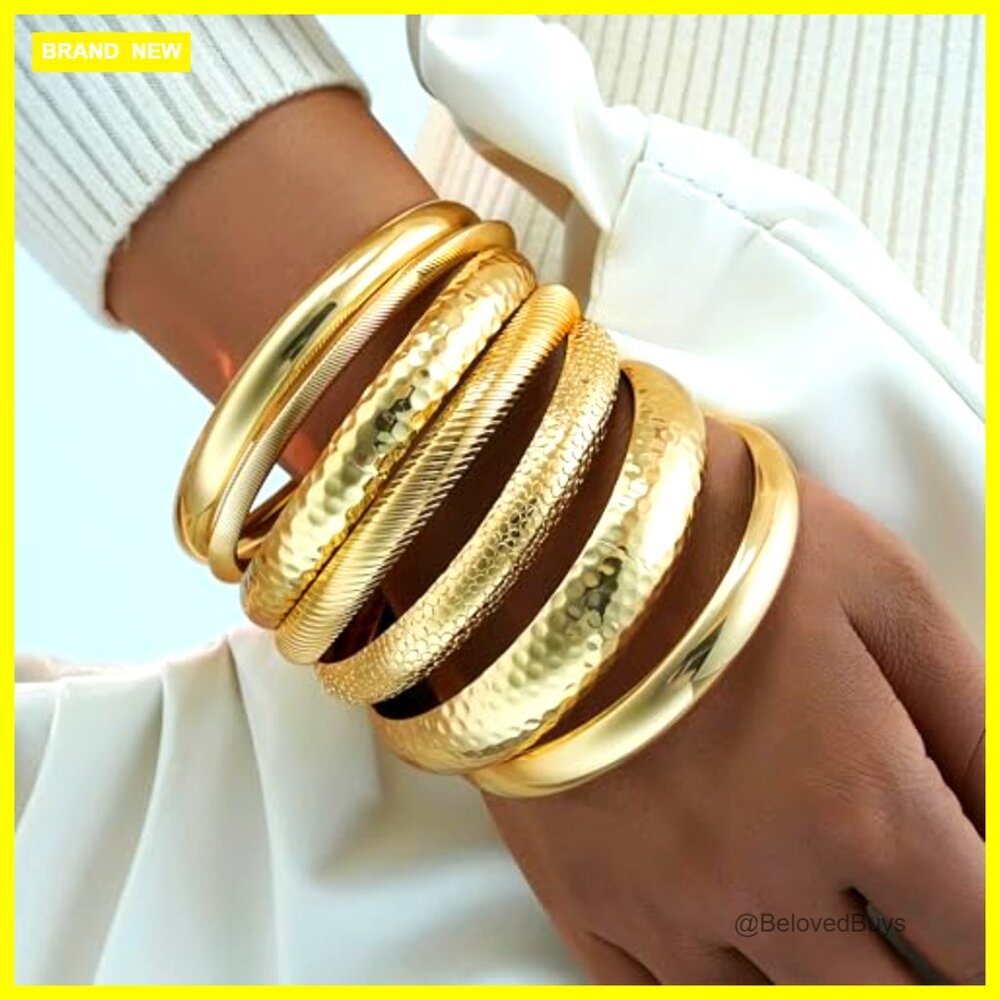 7Pcs 14K Gold Plated Stackable Bangle Bracelets Set, Boho Chunky Textured - Picture 2 of 7